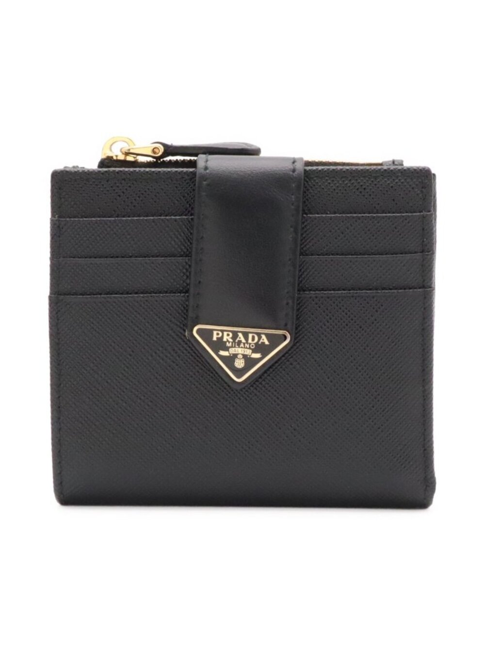 Prada Triangle Logo Compact Wallet Bifold Leather Nero Black Gold